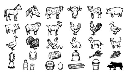 Fototapeta premium Hand Drawn Farm Animal Icon Set with Horse, Cow, Pig, Sheep, Chicken and Farming Tools Vector Illustration