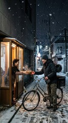 Fototapeta premium Man on bicycle receiving food from woman in snowy urban scene at night