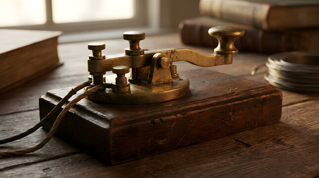 Vintage telegraph key on wooden table with antique books in background