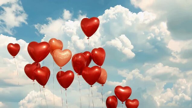 Whimsical 4K Ultra HD video depicting heart-shaped red helium balloons drifting peacefully above fluffy white cloud layers against a blue sky ideal for Valentine s Day promos romantic