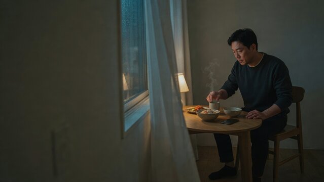 Man enjoying a warm meal at a small wooden table in a cozy room during a rainy day