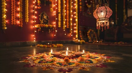 Fototapeta premium Diwali rangoli with lit diyas and festive decorations