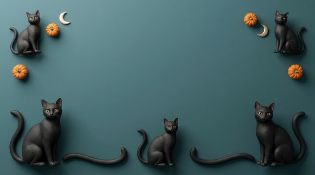 Four black cats with pumpkins and crescent moons halloween decoration isolated on white background