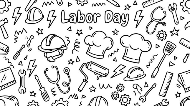 Labor day hand drawn doodle seamless pattern with various professional tools and equipment icons on white background with equipment symbols related