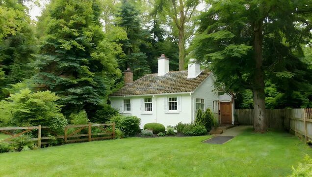 Ultra HD residential scene featuring a quiet suburban backyard with a white clapboard house neat wooden fence and manicured green lawn tailored for real estate promotions