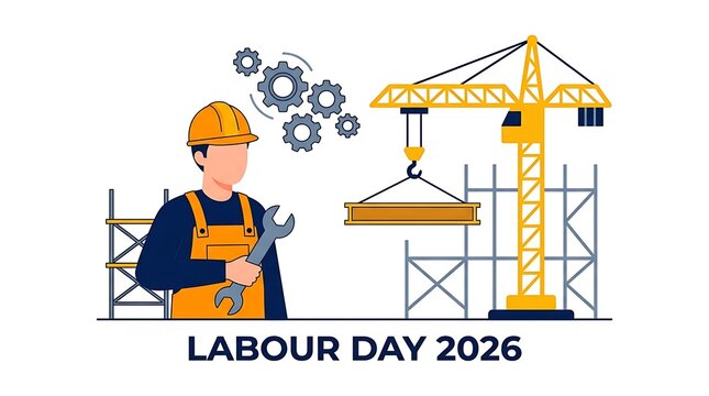 Construction worker holding a wrench in front of a crane and scaffolding for labour day with scaffolding gear icons overalls holds wrench