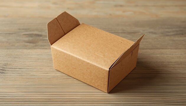 An open brown cardboard box with flaps slightly ajar sits on a textured wooden surface, awaiting contents.