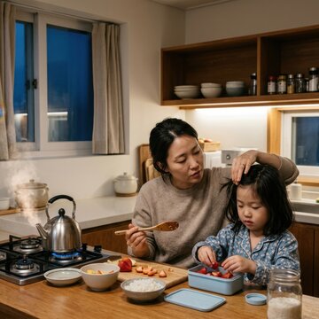 Woman and child preparing a meal together in a cozy kitchen setting at home
