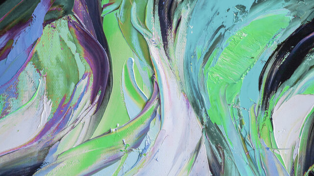 Closeup of a painting by oil and palette knife. Highly-textured, high quality details. Fragment of multicolored texture painting. Abstract art background. oil on canvas. Rough brushstrokes of paint.