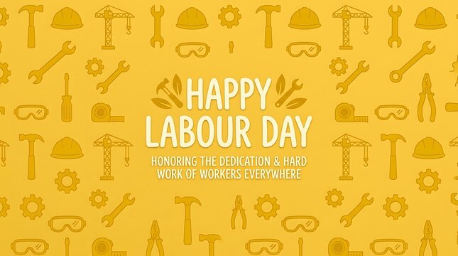 Happy labour day greeting card with construction tools and equipment pattern on yellow background
