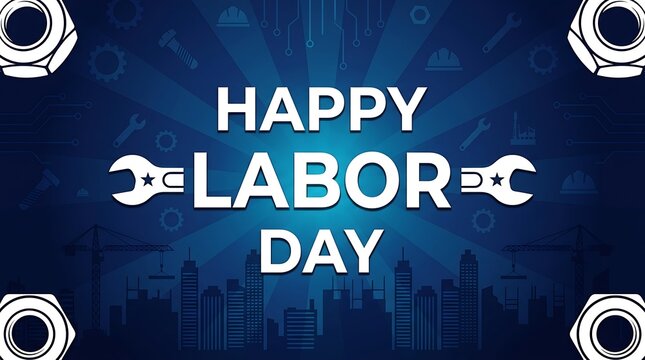 Happy labor day text graphic with wrench icons and industrial city skyline on blue background with surrounded mechanical tools graphic design displays