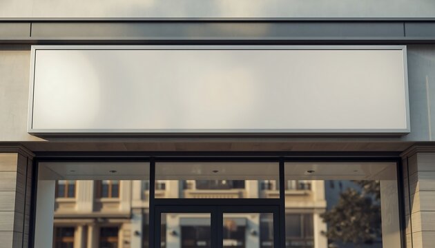 A blank illuminated storefront sign above a modern shop window with reflected buildings on a bright day.
