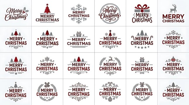 A collection of twenty four unique merry christmas typography badge designs with decorative holiday icons on a white background with holiday graphics trees
