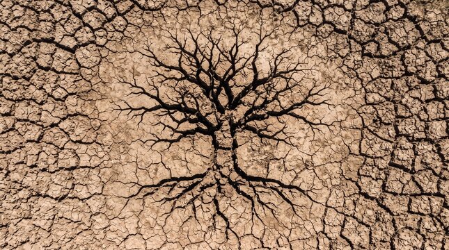Dry Riverbed Cracks Forming a Lifeless Tree Silhouette