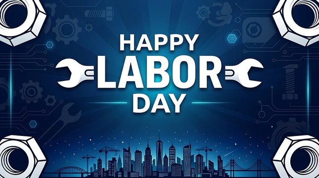 Happy labor day text graphic with industrial tools and a city skyline on a blue background with digital technology background wrenches stylized industrial