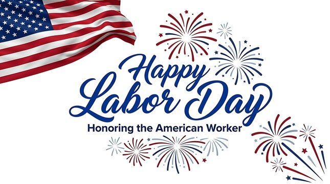 Happy labor day greeting card with an american flag with featuring waving american clean white background white blue fireworks festive red white