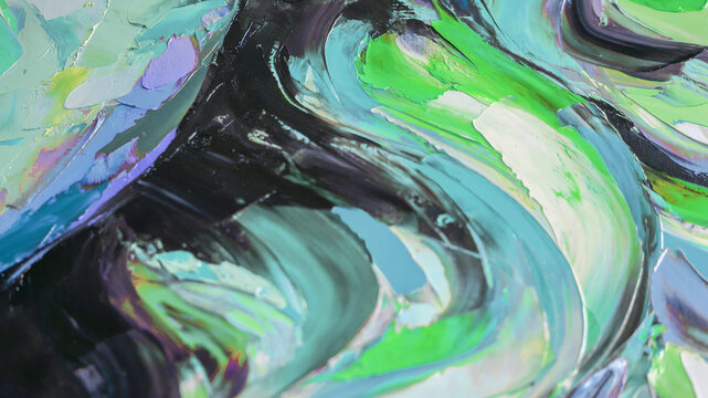 Closeup of a painting by oil and palette knife. Highly-textured, high quality details. Fragment of multicolored texture painting. Abstract art background. oil on canvas. Rough brushstrokes of paint.