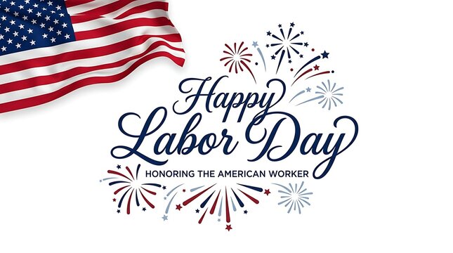 Labor day greeting card design with text and a wavy united states flag on white background with patriotic fireworks illustrations card