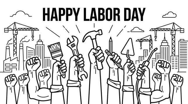 Raised hands holding various construction tools with city skyline background for labor day celebration illustration with hammers wrenches depicted