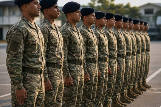 Row of military soldiers in camouflage uniforms and berets standing in formation at attention on a parade ground. Concept of army discipline, service, and national defense training.
