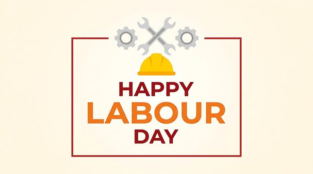 Happy labour day greeting card design with illustration featuring yellow construction helmet crossed gears inside rectangular rectangular red frame