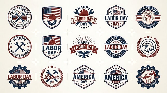 Set of vintage labor day badges with american flags construction collection fifteen vintage construction tools eagles text beige background