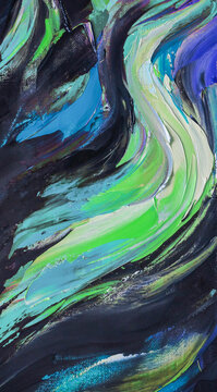 Closeup of a painting by oil and palette knife. Highly-textured, high quality details. Fragment of multicolored texture painting. Abstract art background. oil on canvas. Rough brushstrokes of paint.