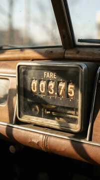 Vintage Mechanical Taxi Meter Showing Fare in an Old Car Interior