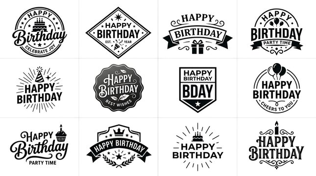 Set of twelve black and white monochrome happy birthday labels and badges for party celebration design with badges various typography