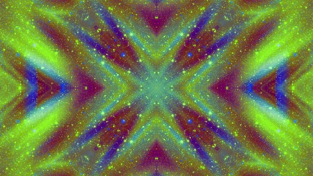 A symmetrical kaleidoscope pattern blends green and magenta sparkle into a mirrored star shape, striking asset for music visuals and psychedelic content