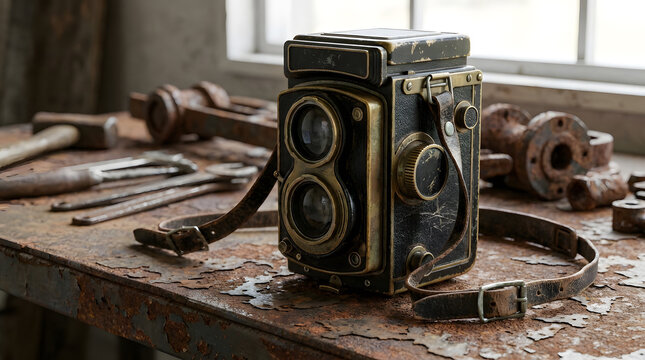 Vintage Twin Lens Reflex Camera on Rusty Workbench in Workshop