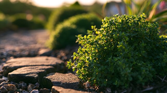 A vibrant thyme bush grows beside a stone garden path bathed in warm  golden sunlight with soft background foliage