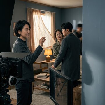 Director guiding actors on a film set in a Korean drama production setting