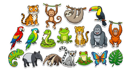 Naklejka premium Collection of colorful cartoon animals and tropical foliage vector illustration