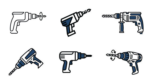 Set of drill machine icons - construction and handyman tool symbols