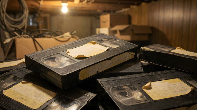 Old Dusty VHS Tapes Stored in a Dark Attic or Basement