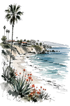 coastal city beach and palm trees artistic hand drawn illustrative wall art