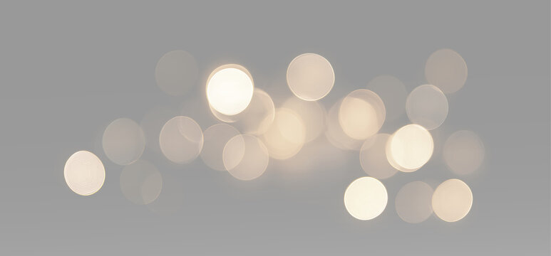 Elegant champagne bokeh lights with soft glowing circles, warm blur and bright festive sparkle isolated on transparent