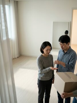 Two adults exchanging items in a bright room showcasing collaboration