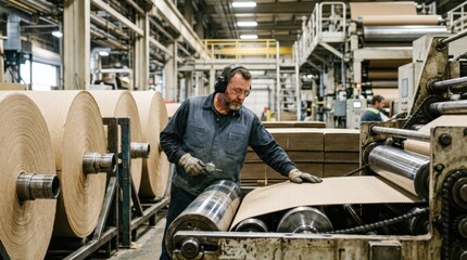 Fototapeta premium Paper mill worker checks kraft paper rolls, corrugated sheets, and converting rollers on a packaging production line.