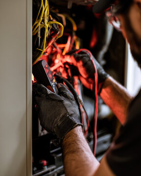 Technician testing electrical wiring inside residential heating furnace with digital multimeter and protective gloves