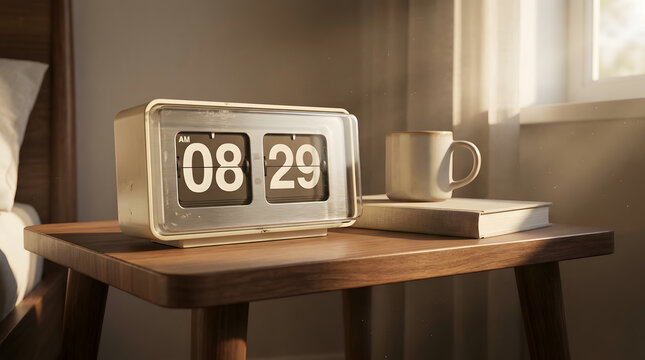 Vintage Retro Flip Clock on Wooden Nightstand in Morning Sunlight