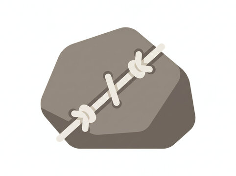 Flat Vector Illustration of Grey Stone with Laced and Knotted White Rope on White Background