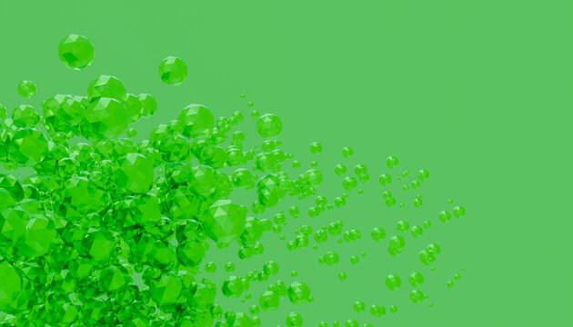 Cluster of green translucent geometric spheres on green background