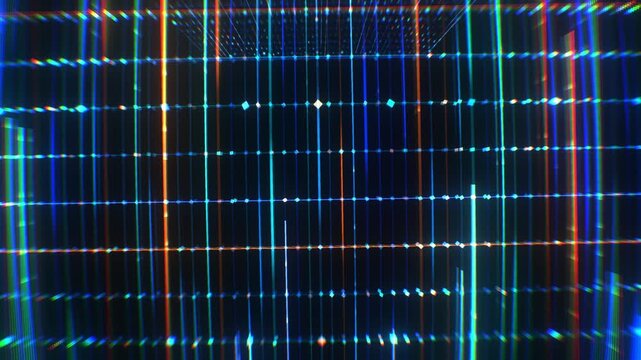 Prismatic matrix cage displays glowing digital coordinates in a retro-futuristic 3D animation loop built for gaming UI and cybersecurity visuals