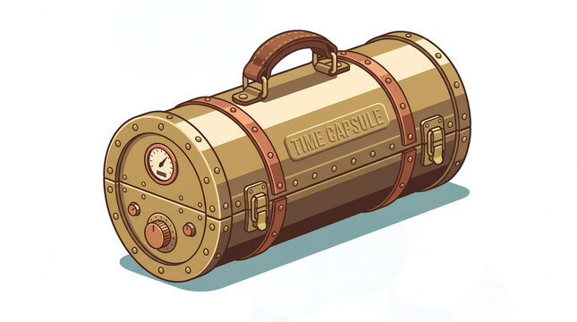 Vintage Steampunk Time Capsule Metal Cylinder Container Illustration Isolated on White Background