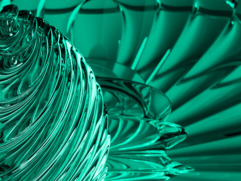 Close-up of an abstract turquoise glass sculpture with swirling shapes