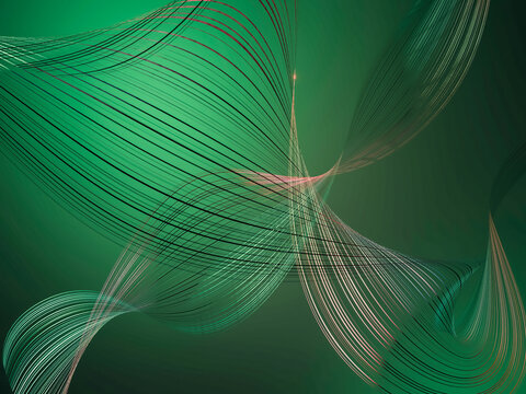 A digital abstract artwork with flowing curved lines on a green