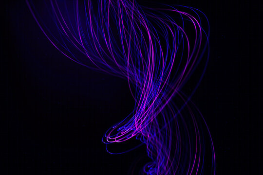 Curved purple and blue light trails form an abstract glowing pattern