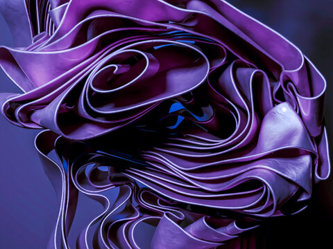 Abstract purple metal sculpture with curled and folded sheets